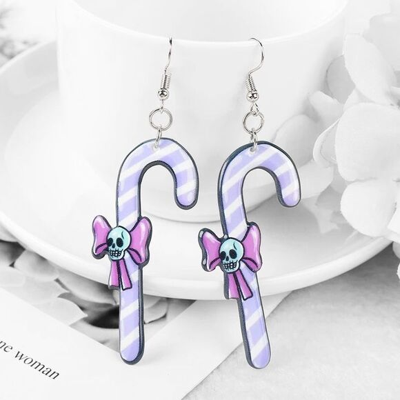New Christmas Holiday Pastel Goth Skull Bow Candy Cane Drop Earrings Gift - Picture 2 of 2
